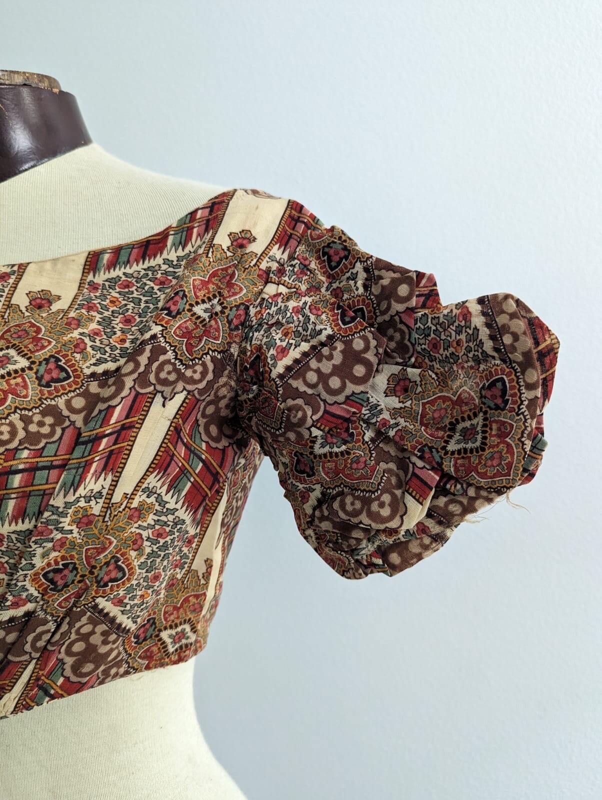 CIVIL WAR 1860’S YOUNG LADIES FLORAL PRINT CHALLIS WOOL BODICE W/ PUFF SLEEVES 
