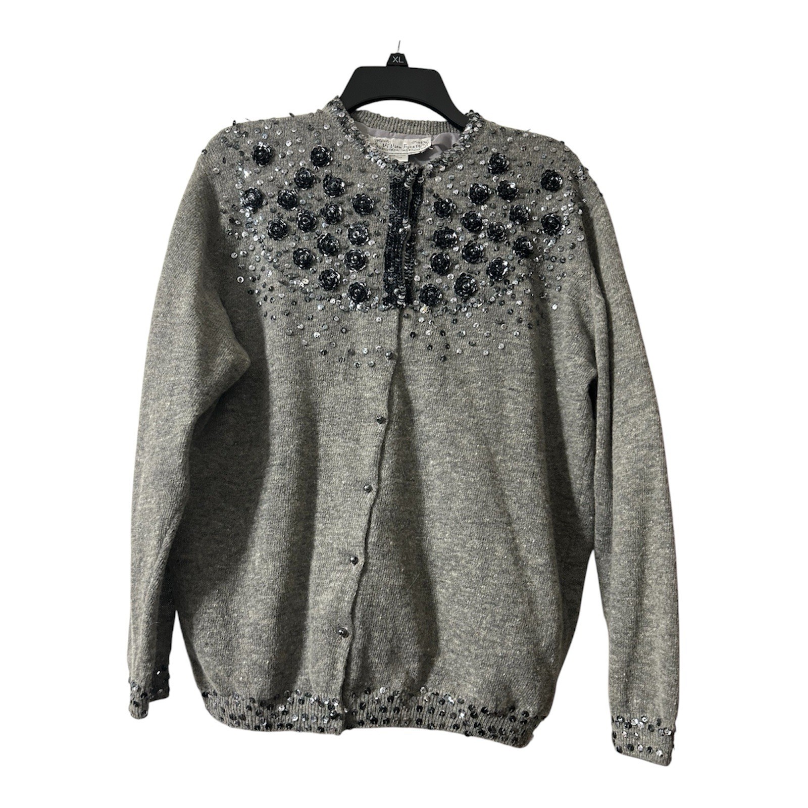 Vintage Vi Vien Forest Angora Lambswool Beaded Sequin Cardigan Gray Sz 46/Lg