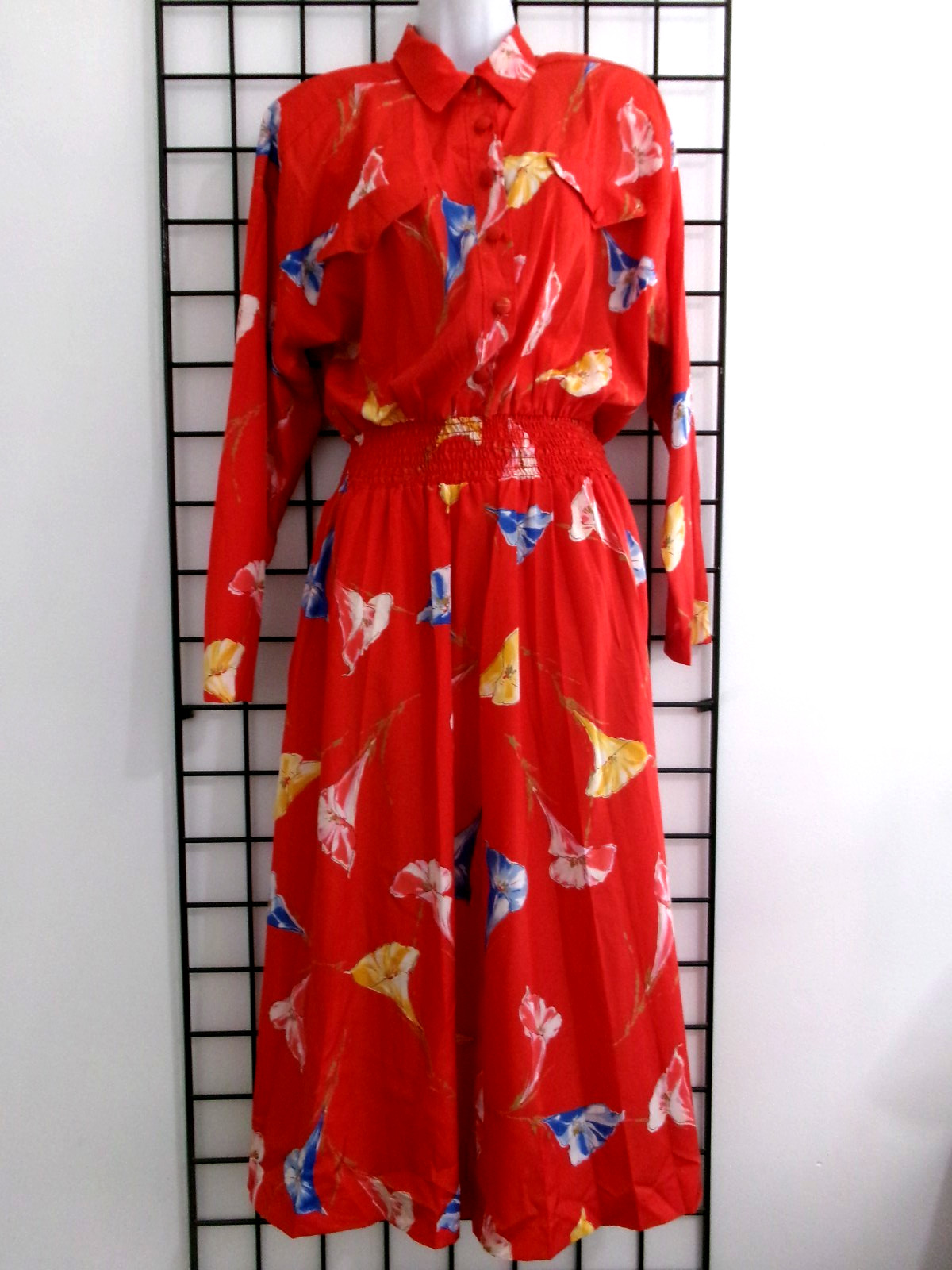 „VINTAGE” MISTY LANE 🌸 13 / 14==RED ORANGE FLORAL STRETCH WAIST / MIDI DRESS