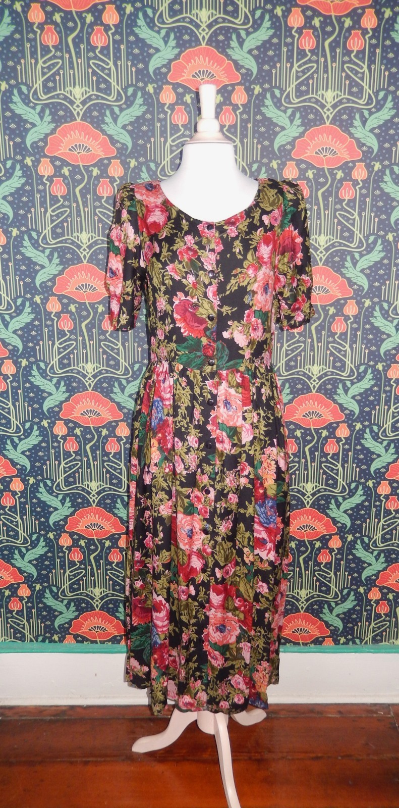 Vintage 90’s Y2K Rayon Floral Puff Sleeve Grunge Whimsigoth Boho Maxi Tea Dress