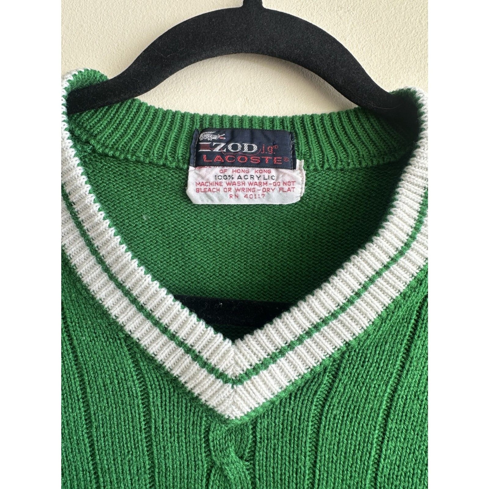 Vintage 80’s Izod Lacoste Sweater Small Fitted Green Cable Knit Preppy V Neck