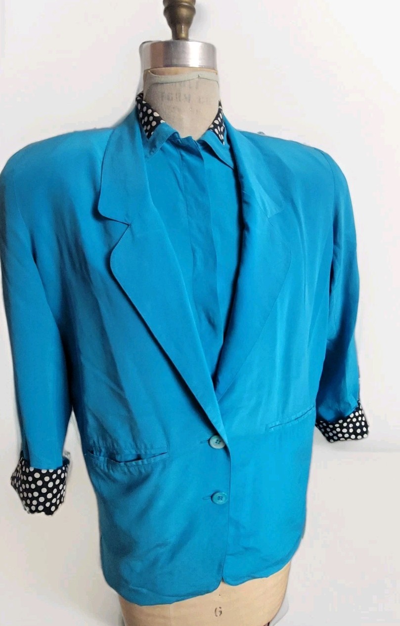 Oleg Cassini Washable Silk Vintage 80’s Turqouise Silk 2-piece Blouse + Blazer