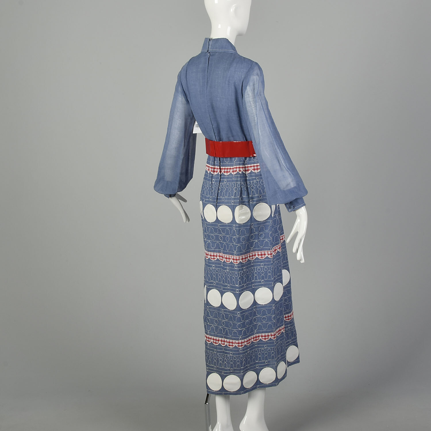 Small 1970s Estelle Albus Chambray Maxi Dress with Vinyl Polka Dots VTG 70s