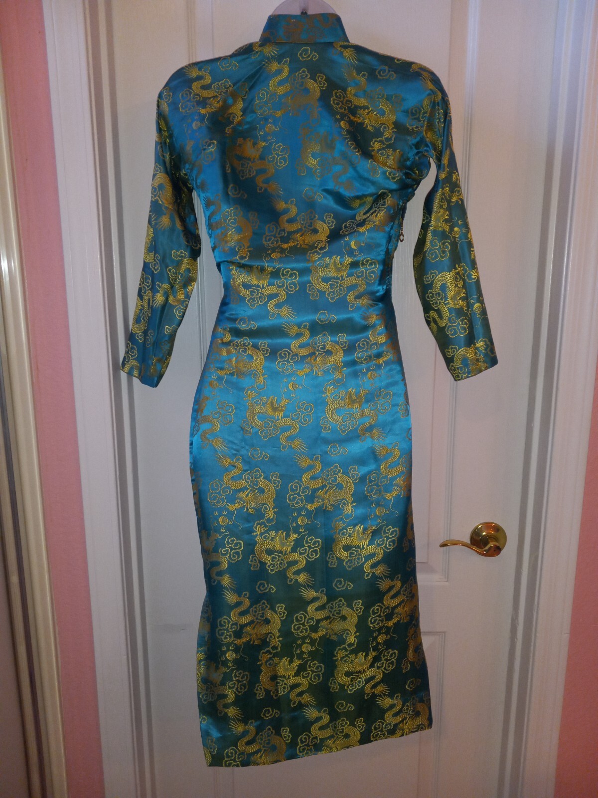Vintage 60s Cheongsam Silk Turquoise Gold Oriental Dragon Wiggle Dress S Tiki O