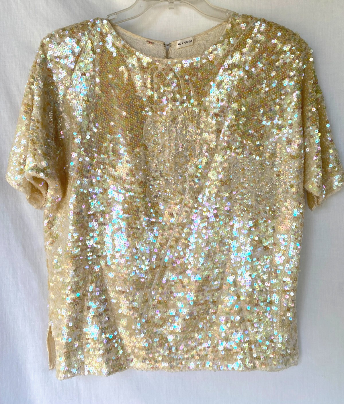 Vintage Madame Fashions 100% Pure Silk Iridescent Sequin Beaded Top Blouse Ivory