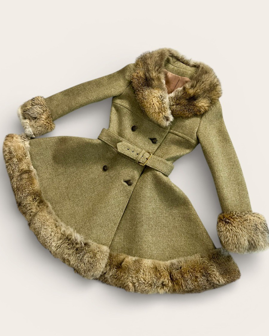 Vintage 1950s 60s PRINCESS COAT Wool Fox Fur Collar Cuffs Pinup Dress Jacket SM