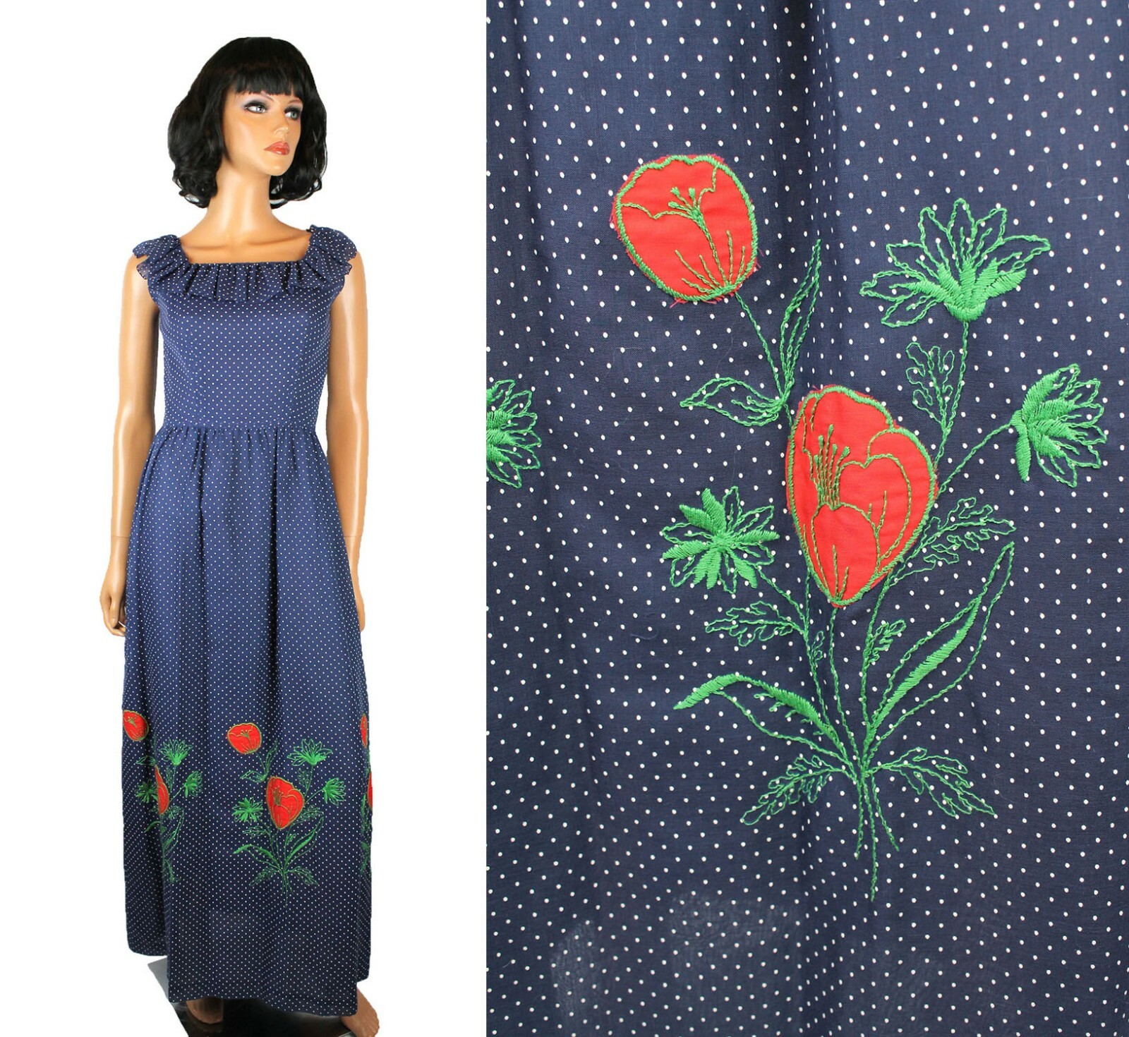 Prairie Girl Dress XS Vintage 70s Blue White Polka Dot Gauzy Cotton Embroidered