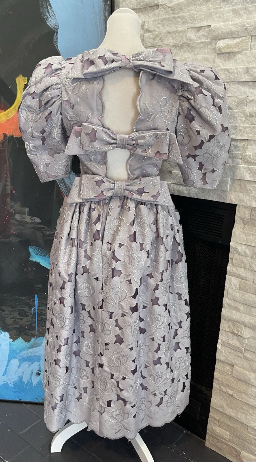 80s Handmade Floral Tea Cottagecore Dress Back Bows Full Skirt Metallic Vintage
