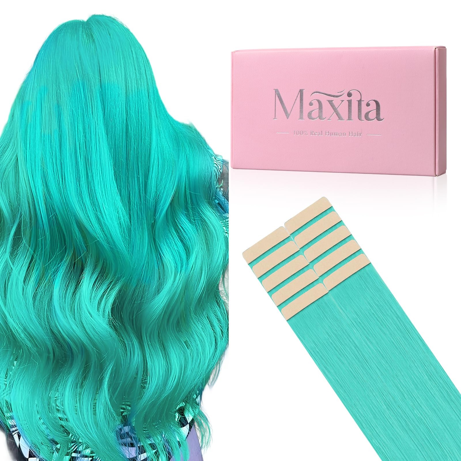 MAXITA Hair Extensions Human Hair Teal Green Tape in Color 10pcs 25g 18in Highli