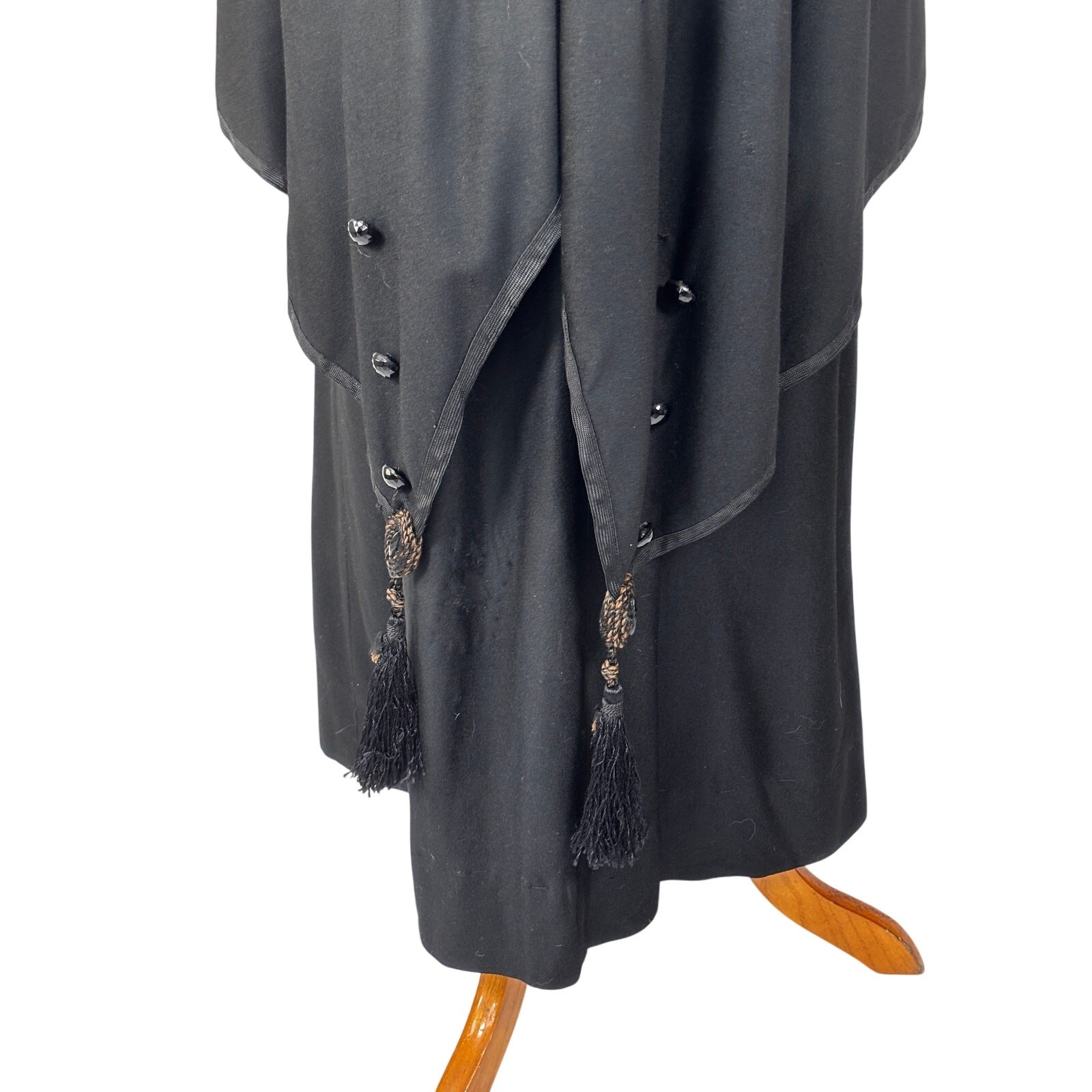Antique Edwardian Black Wool Mourning Walking Skirt Jet Beads Tassels Tiered