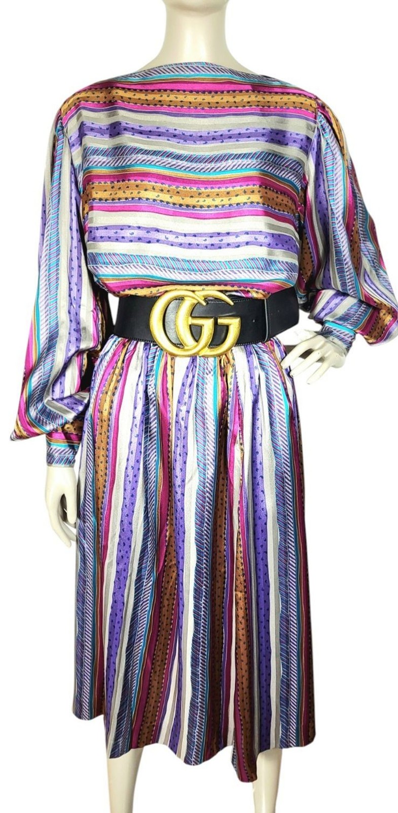 VTG 70s Evan Picone Silky Satin Mixed Media Puff Balloon Sleeve Blouse Skirt Set