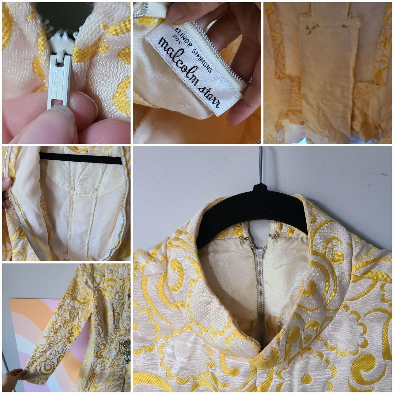 Vtg 60s Yellow Coat Regal Rococo Brocade Beaded