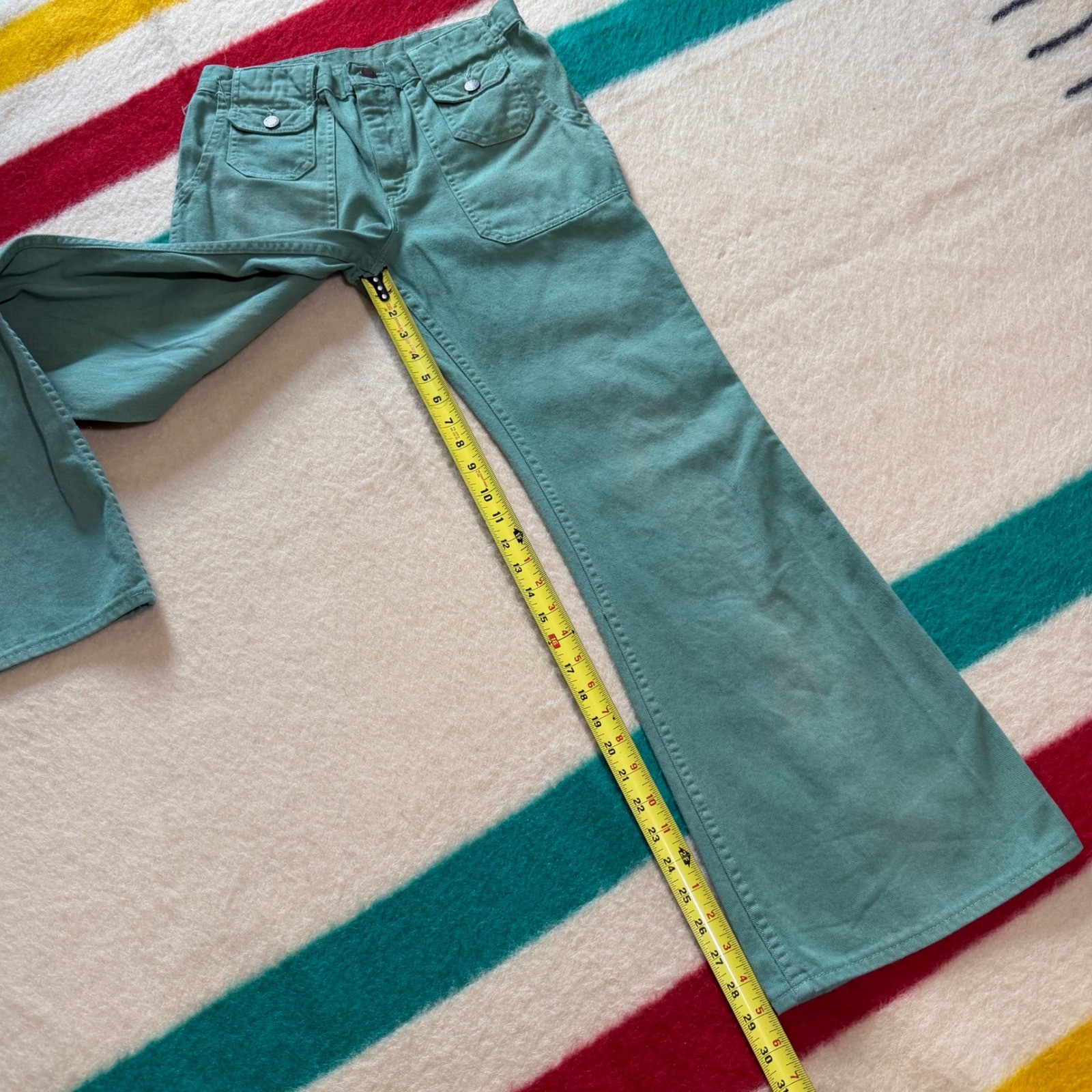 VTG 70s Green Denim Flared Pants Talon 42 Zip High Waist 29×29