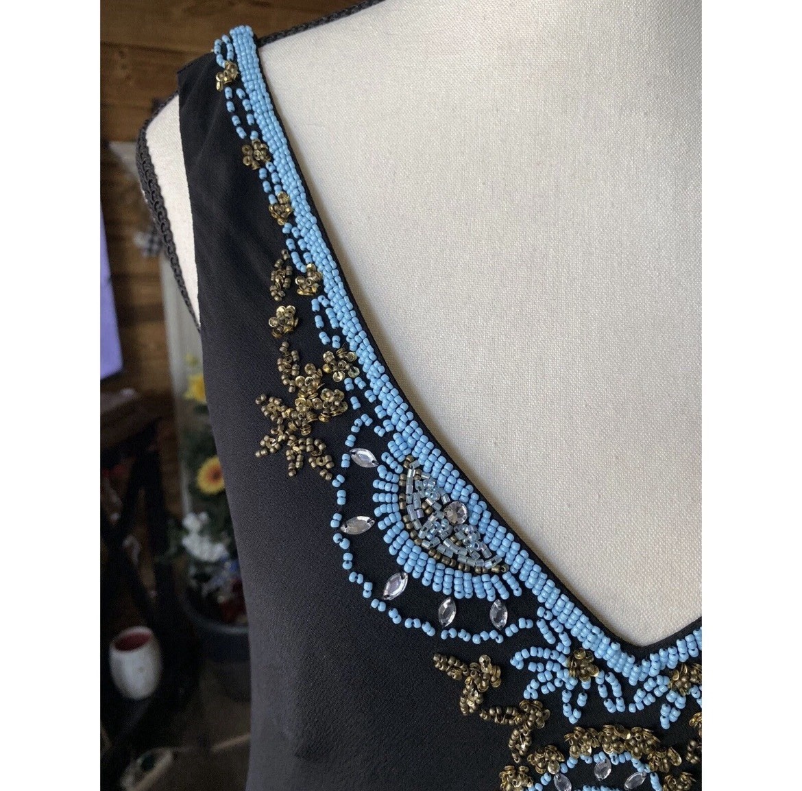 Vtg Vera Chris 100% Silk Bded Flapper Drs Sz 8 Blk Turq Art Deco Gatsby Drop Wai