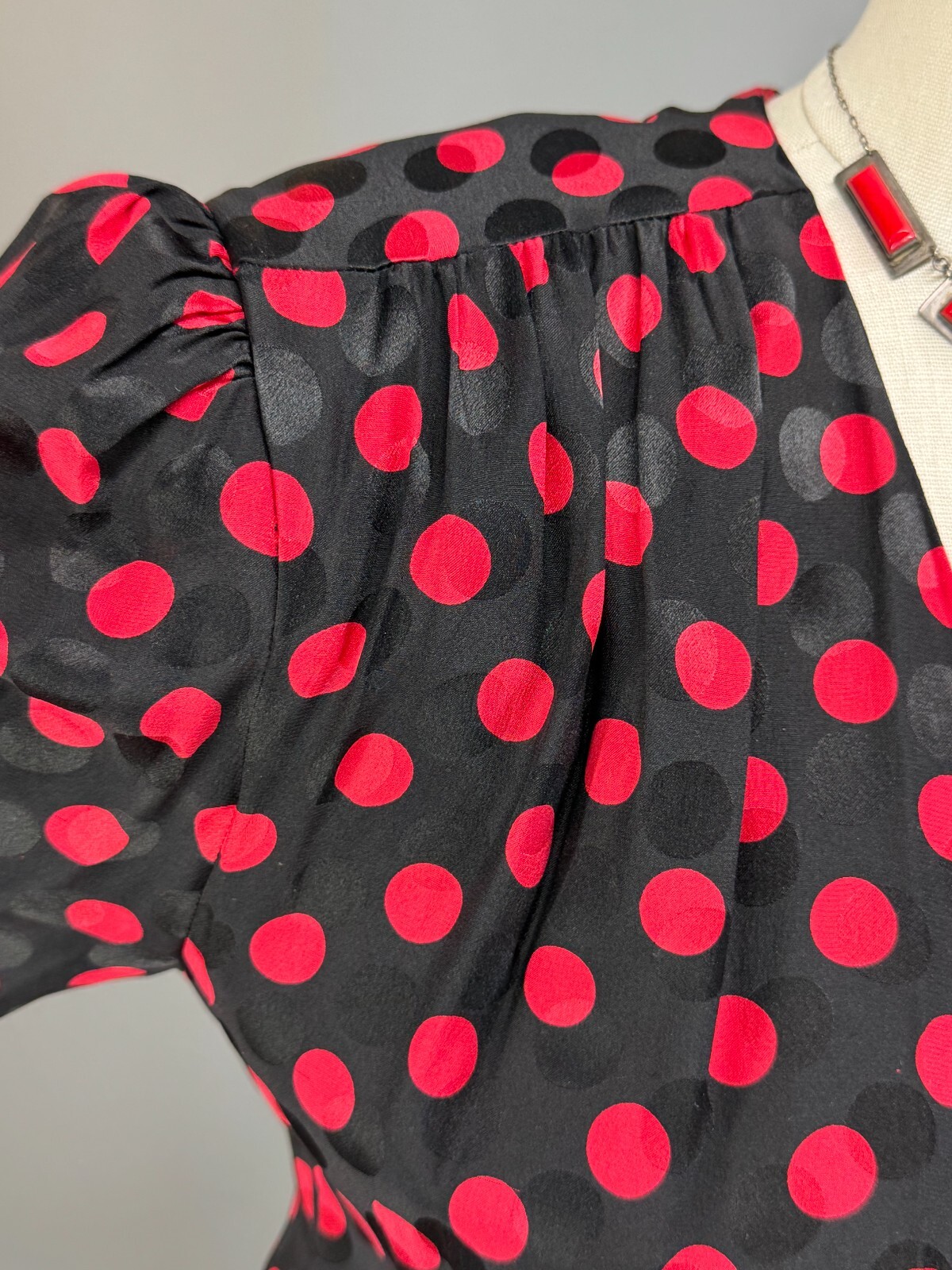 80s Silk Designer Wrap Shirt Dress Albert Nipon Polka Dot Red Black 200+ sweep!!