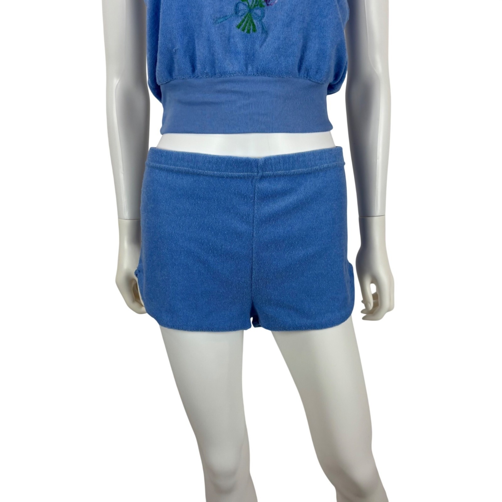 Vintage 80s Terry Cloth Set Womens L Blue Flower Embroidery Two Piece Summer