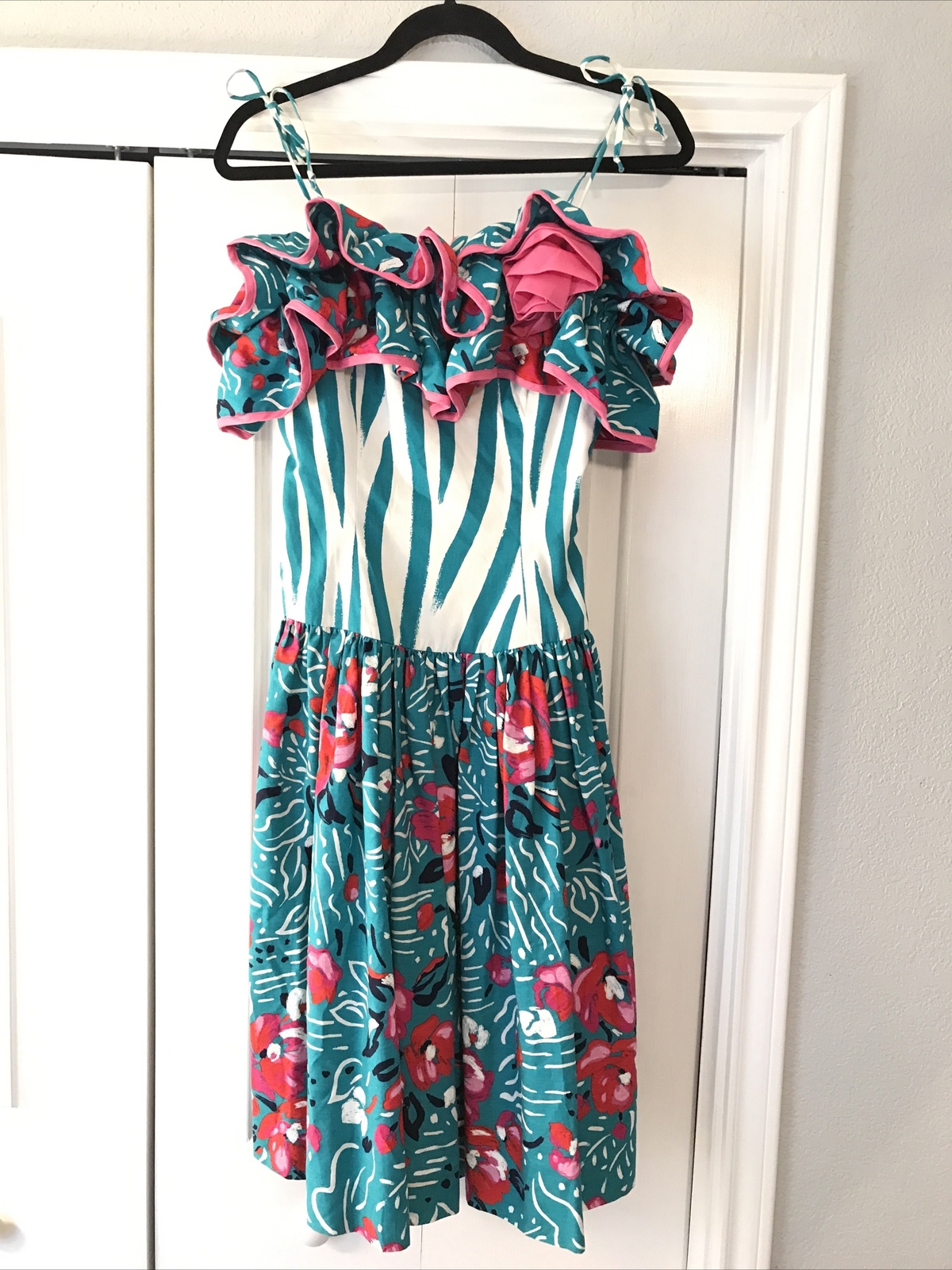 VINTAGE DEBORAH BOUTIQUE 80’s Size 6 Floral Dress Party Flamingo Salsa Flare EUC