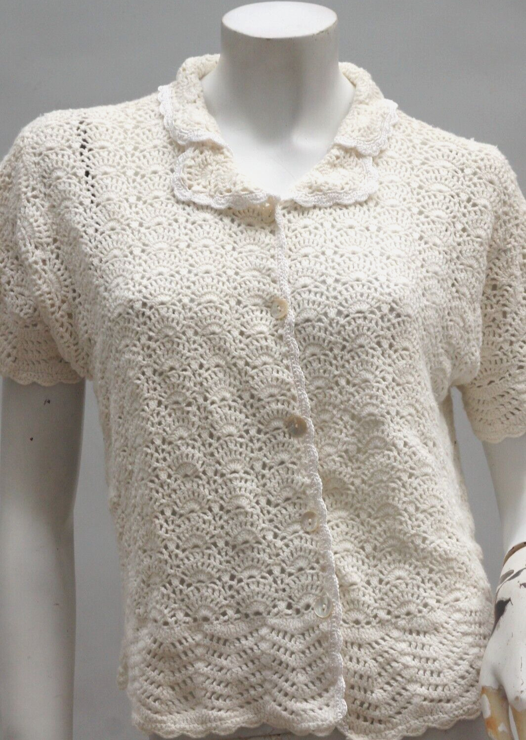 Vintage Jantzen Crochet Cardigan Sweater Open Knit Lace Mother of Pearl Buttons