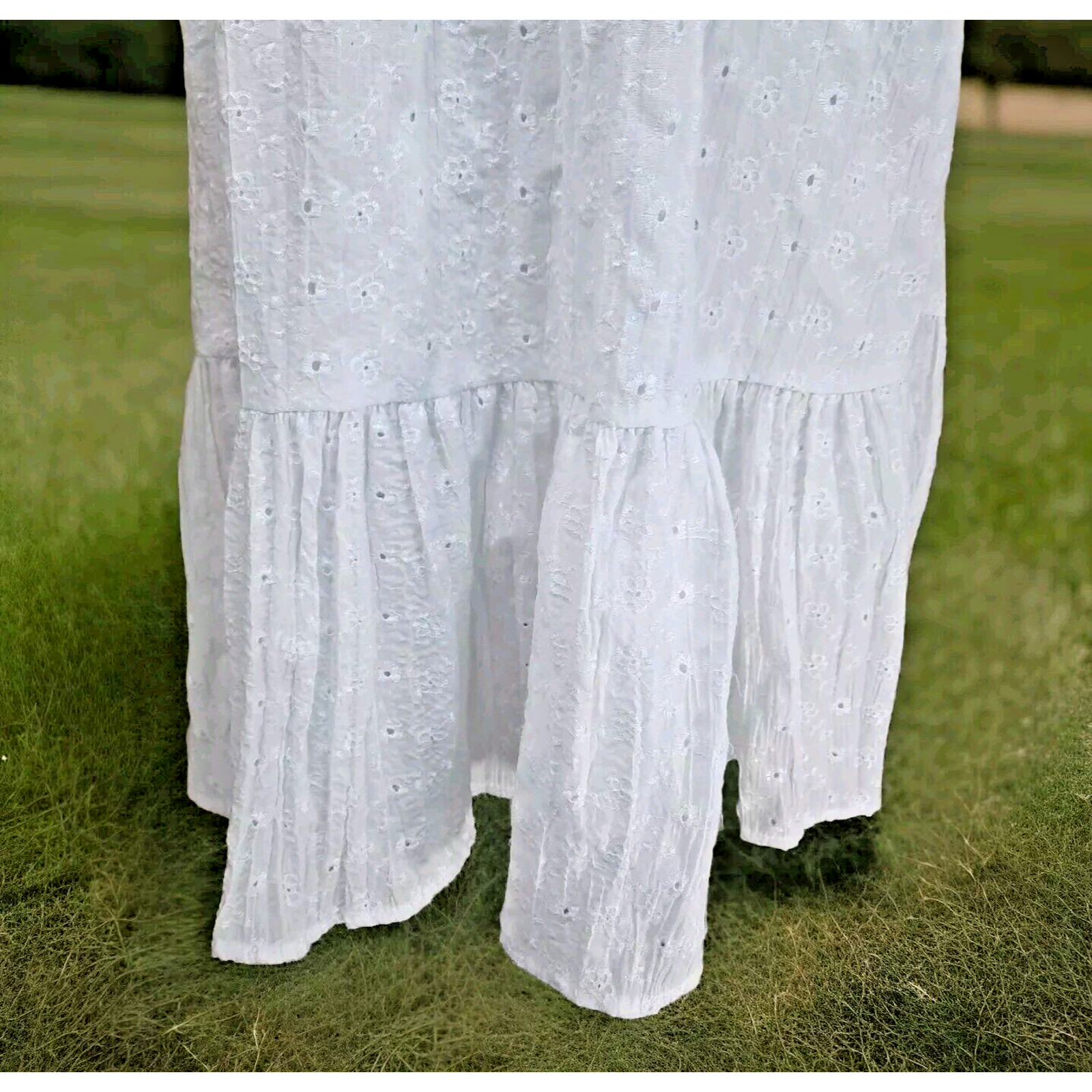 Vtg Eyelet Lace Ruffle Bow Pinafore Midi Dress Sz M White Cottagecore Coquette