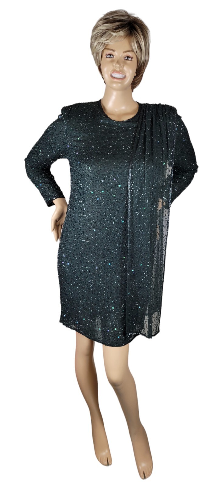 Vintage Judith Ann Creations Hunter Green Beaded Sequin Cocktail Evening Dress L