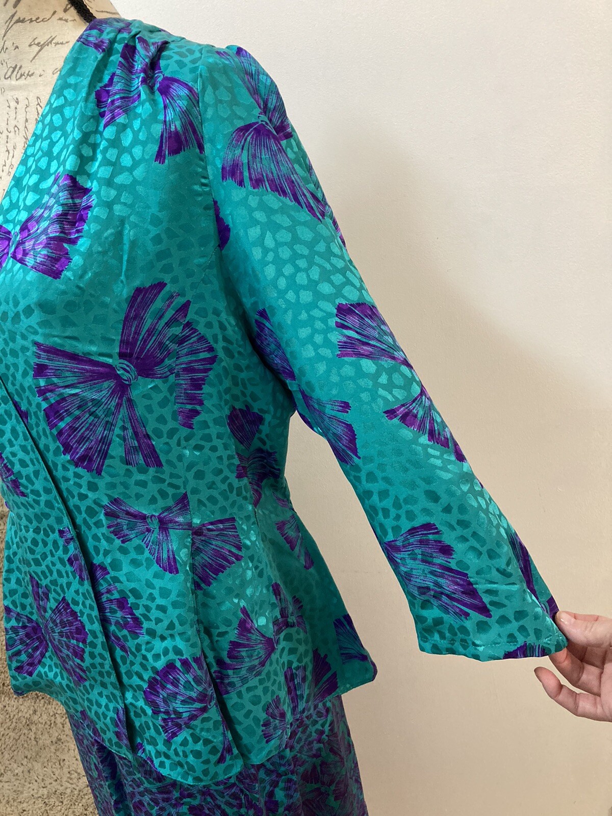 NORA NOH Asymmetric Blouse Maxi Skirt Set 100% Silk Jewel Green Purple Vtg 14