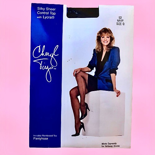Vintage CHERYL TIEGS Pantyhose Control Top Nylons Size Q NAVY Silky Sheer