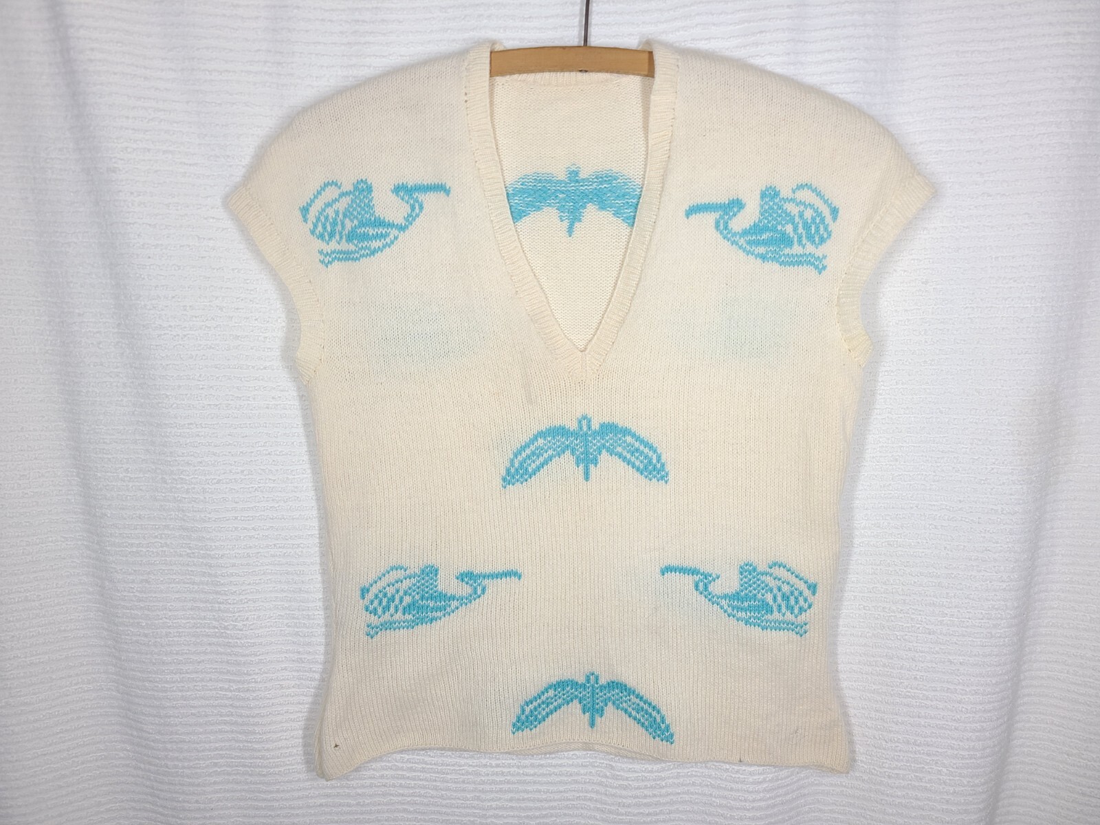 Vtg 50s Wool Hand Knit Top Intarsia Birds Stork Ivory Blue S M Retro Pinup Ooak