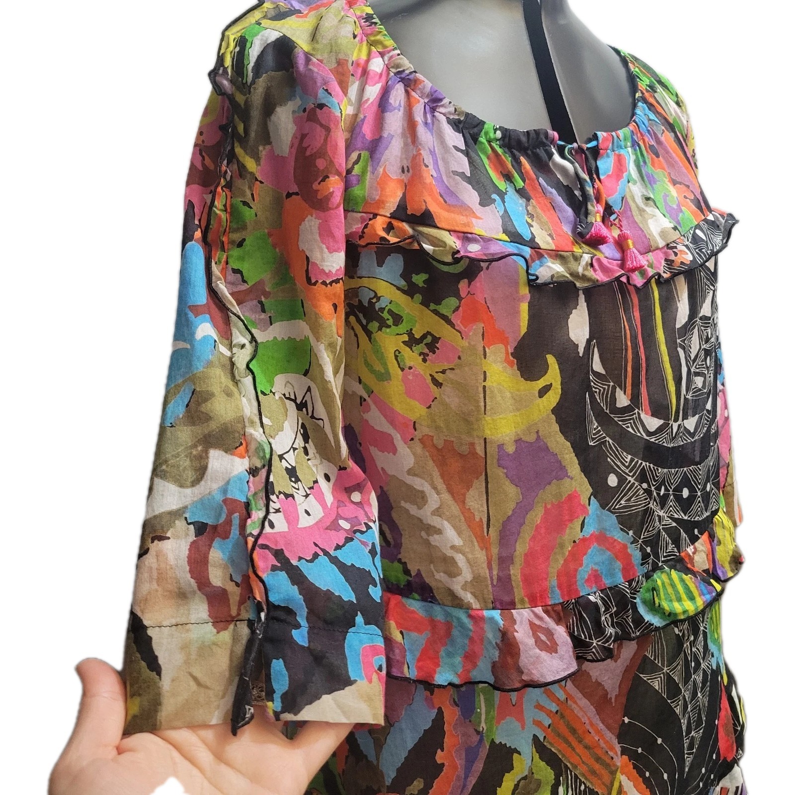 EUC Chacock Mixed Prints Ruffled Blouse Cotton S/M Tassles Tie Neck Abstract