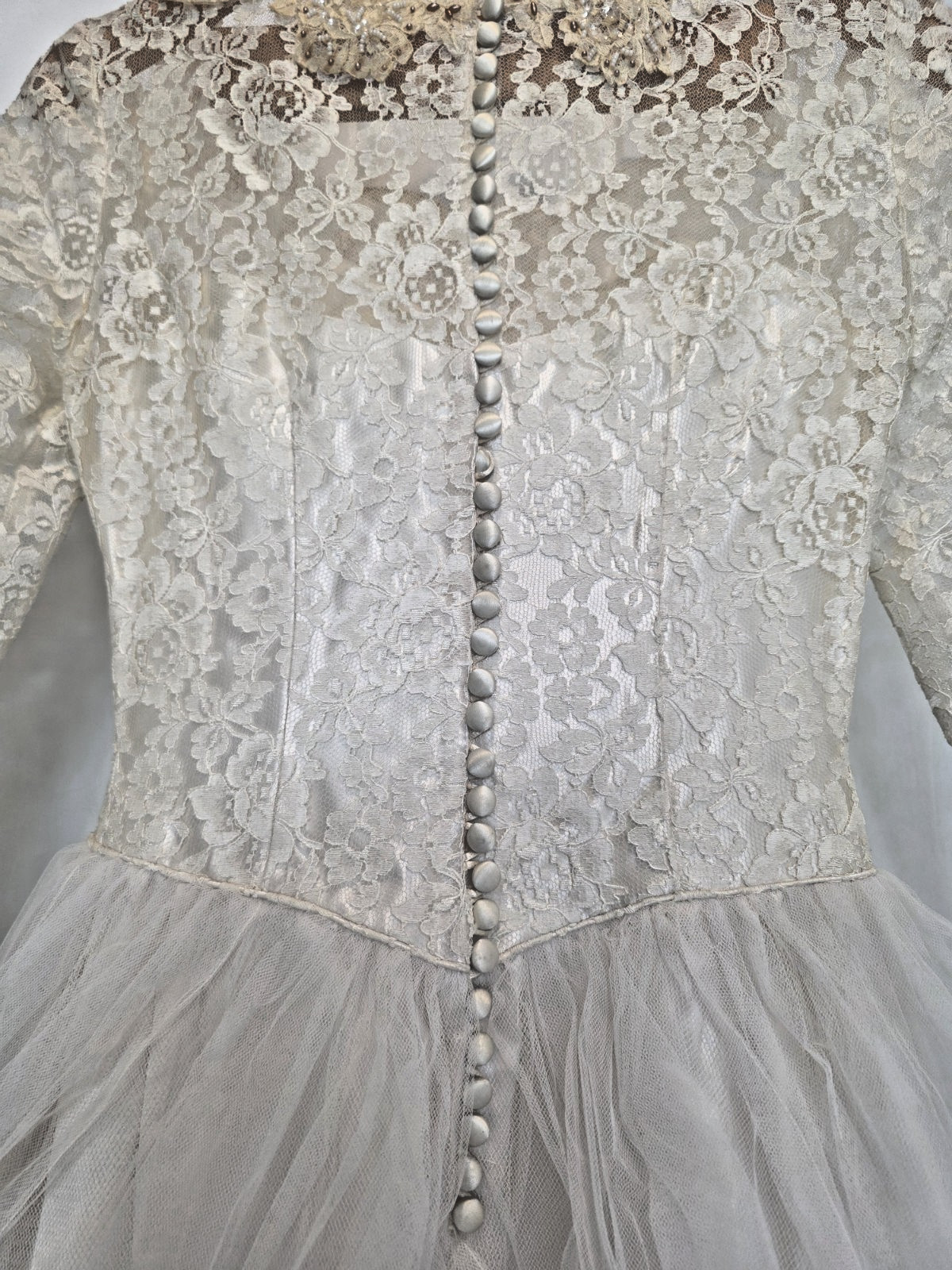 Vintage 1950s Floral Lace & Tulle Wedding Dress with train Long Sleeve Cathedral