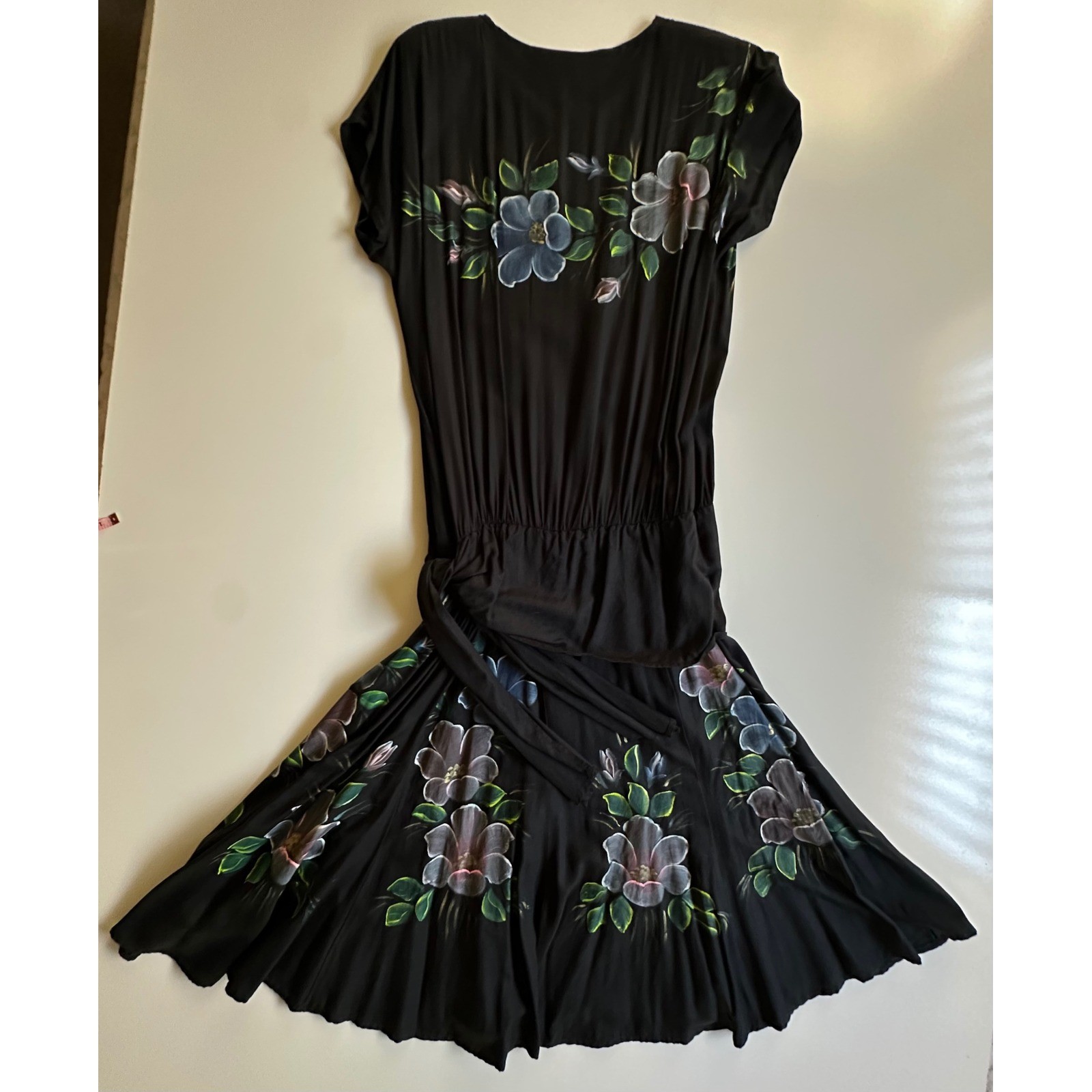 Phoenix Vintage Hand Painted Floral Black Midi Dress Shoulder Pads Tie Waist OS