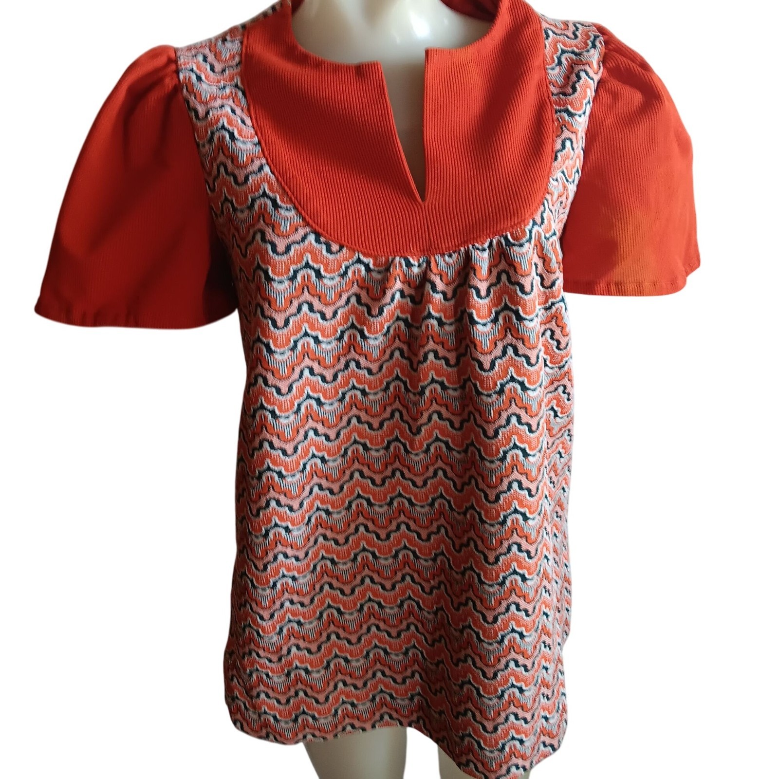 True Vintage Hippy Top Medium 1OF1 Zigzag Tunic Puff Sleeves Keyhole Neckline