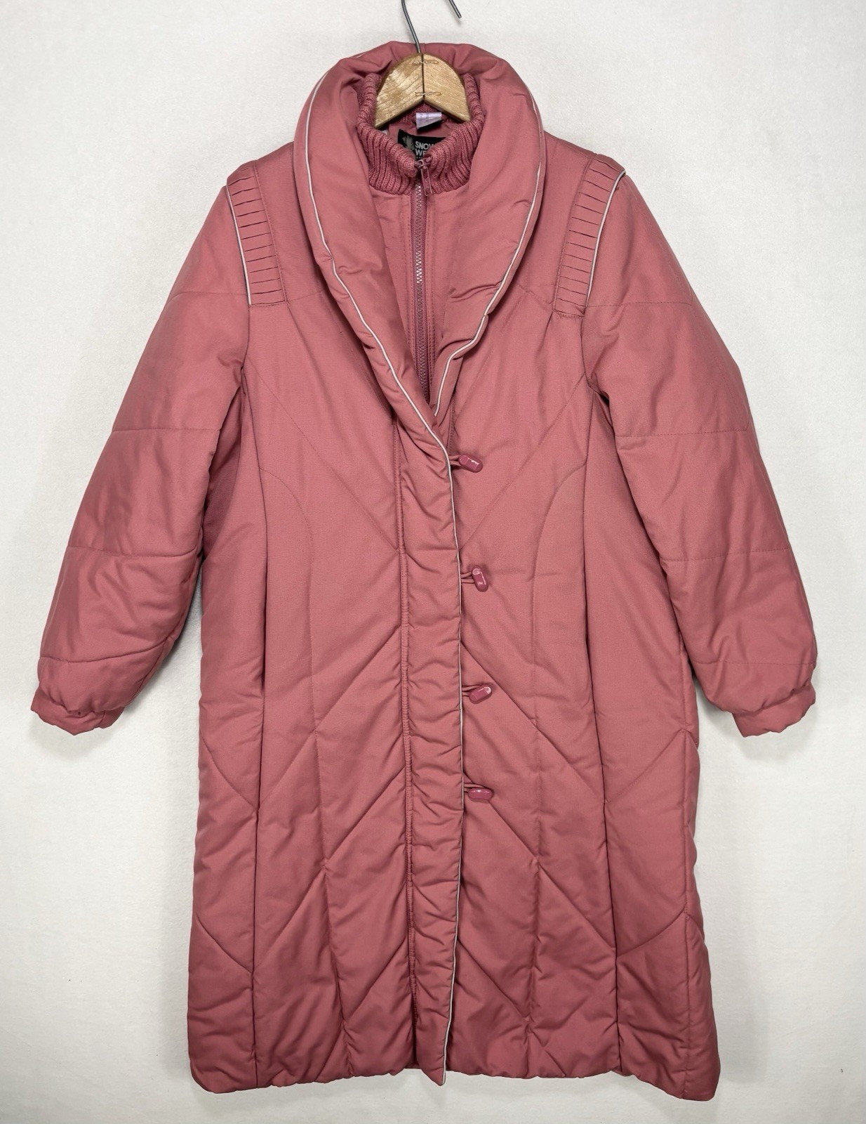 Vintage 70s Quilted Coat Size 14 Pink Long Puffer Jacket Toggles Snow Weather