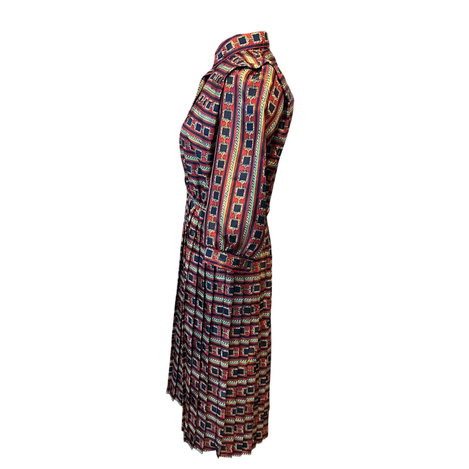 Lady Carol Petites Small Vintage 80s Pleated Midi Dress Red Navy Geometric