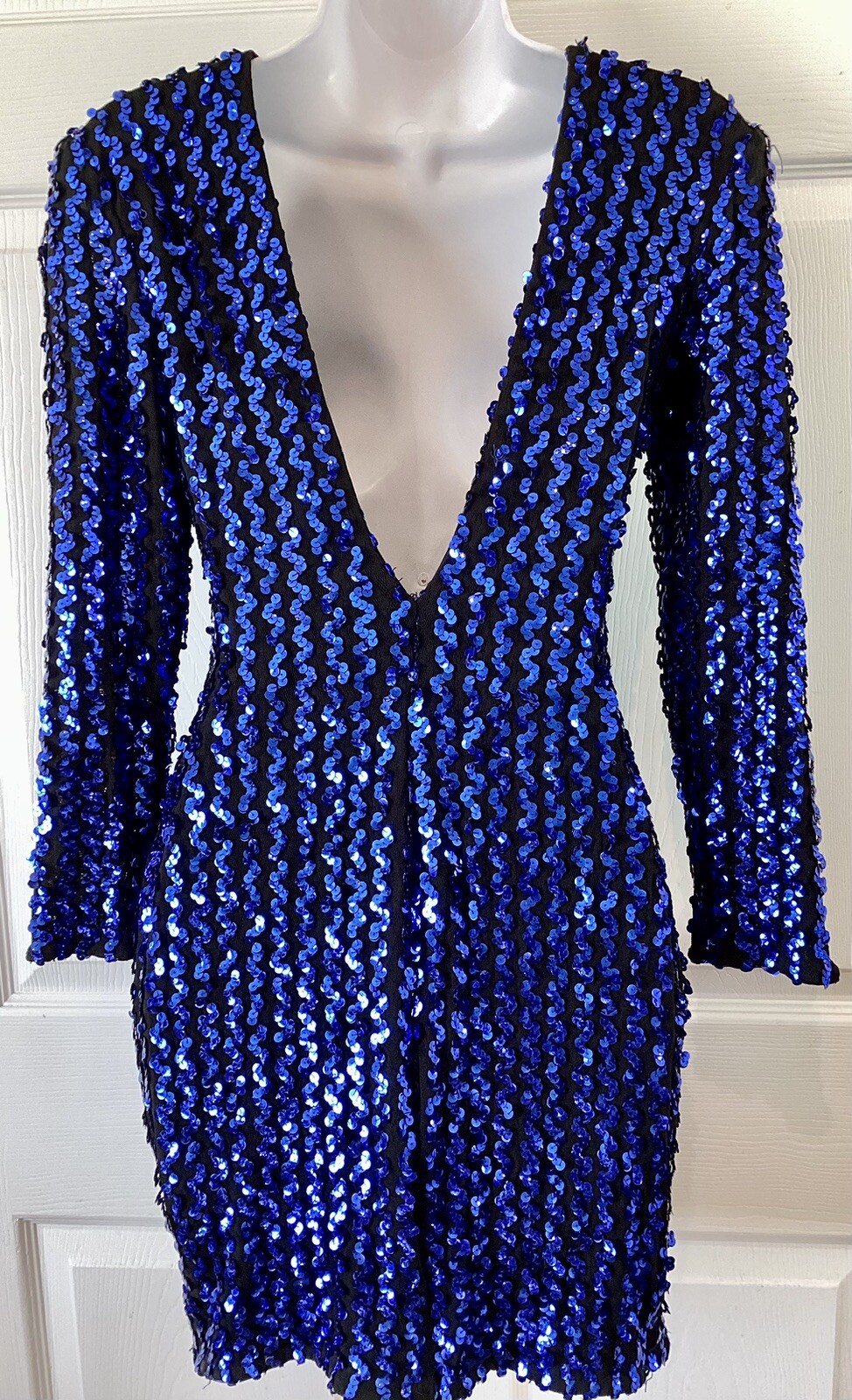 Vintage 90s Karen Okada Climax Blue Sequin Lace Long Sleeve Mini Dress~5/6