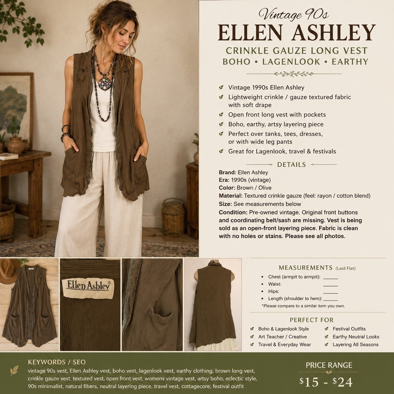 Vintage 90s Ellen Ashley Brown Crinkle Vest Long Boho Lagenlook Artsy Layering L