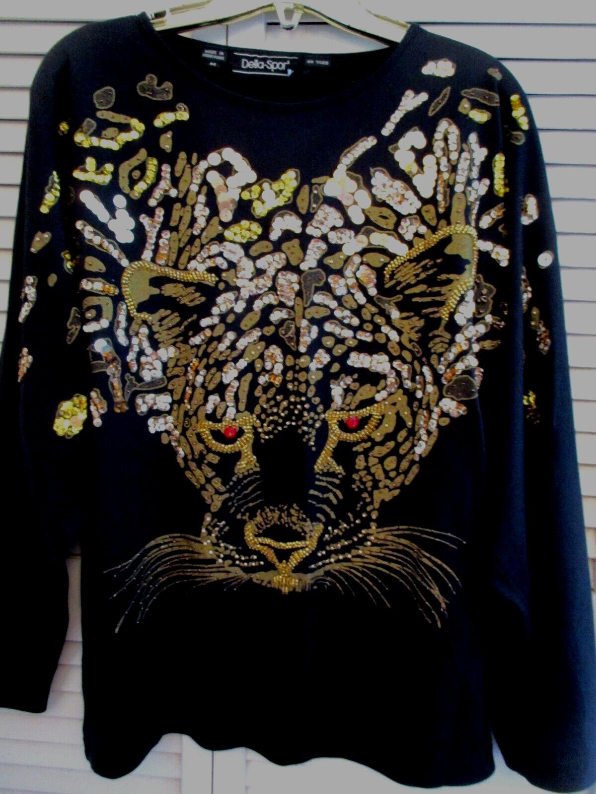 VTGE DELLA-SPORT TOP TIGER HANDPAINTED ATR MULTICOLOR SEQUIN BEADS BLACK KNIT M