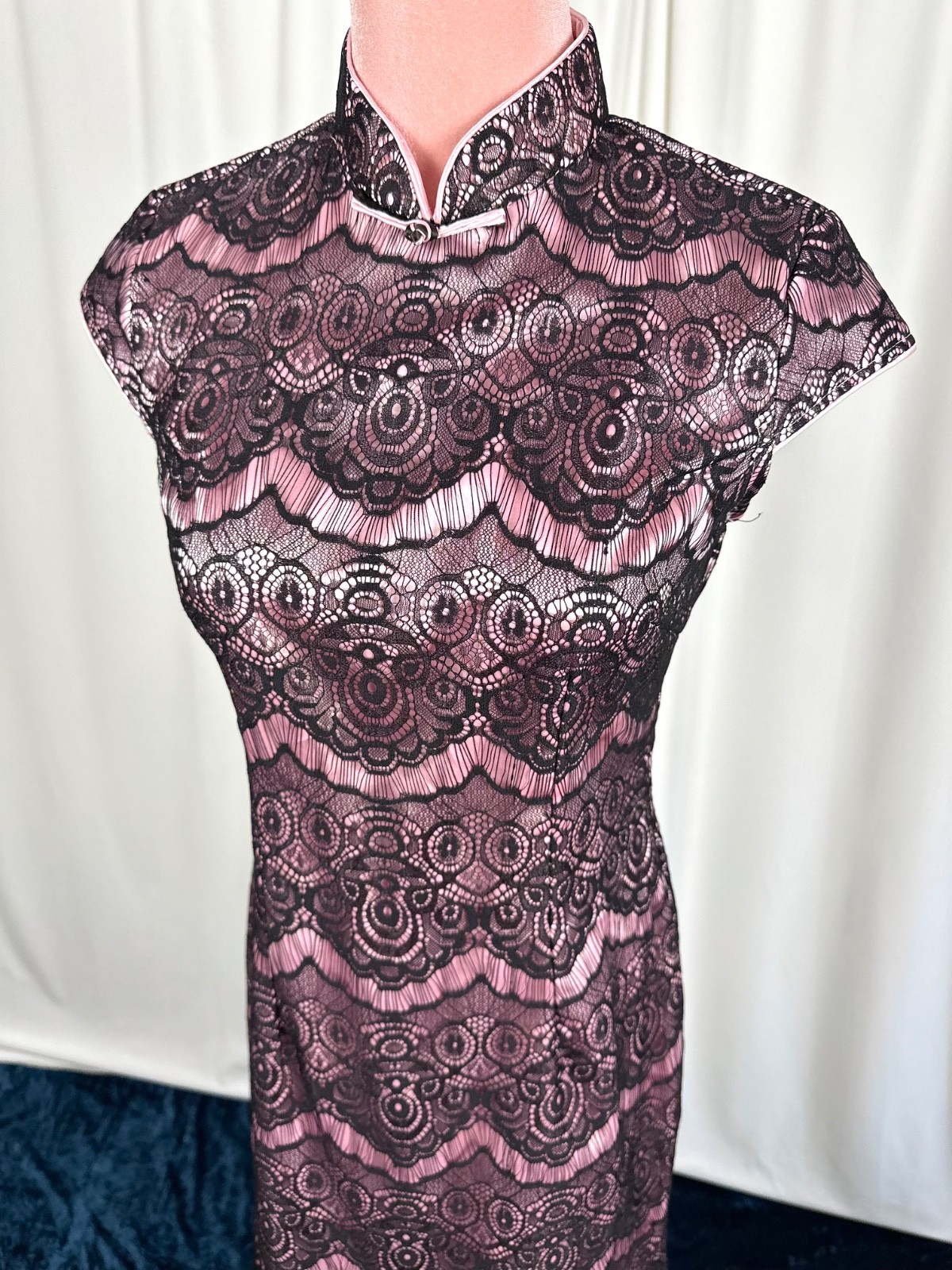 Vintage Lace Mandarin Collar Dress XS Pink Black Cocktail Party Beijing Purchase