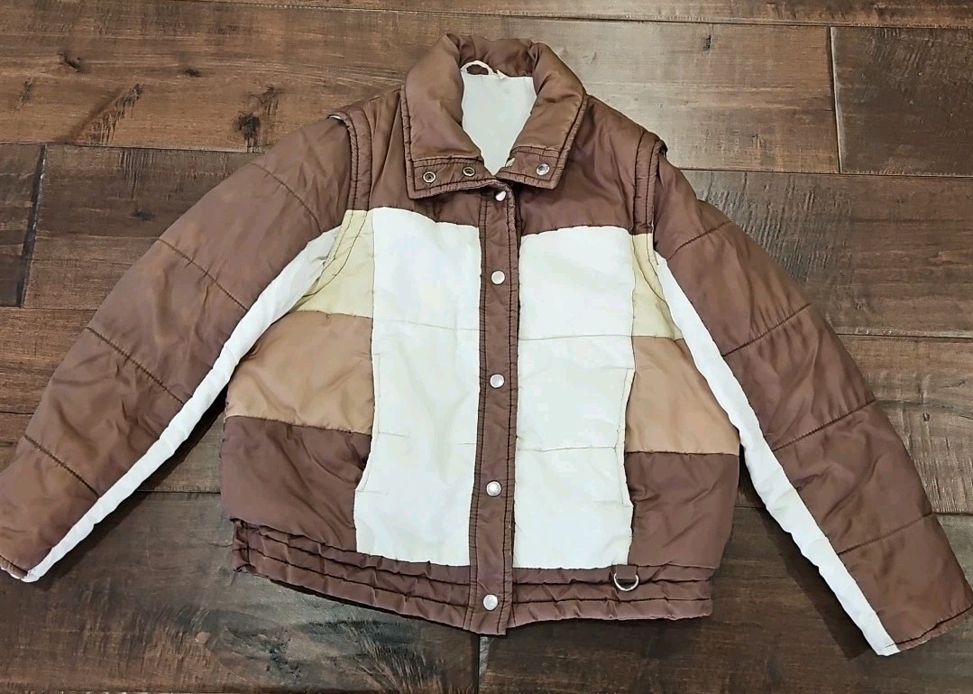 VINTAGE RETRO 1970’S MULTICOLOR NYLON PUFFER JACKET W REMOVABLE SLEEVES SIZE S