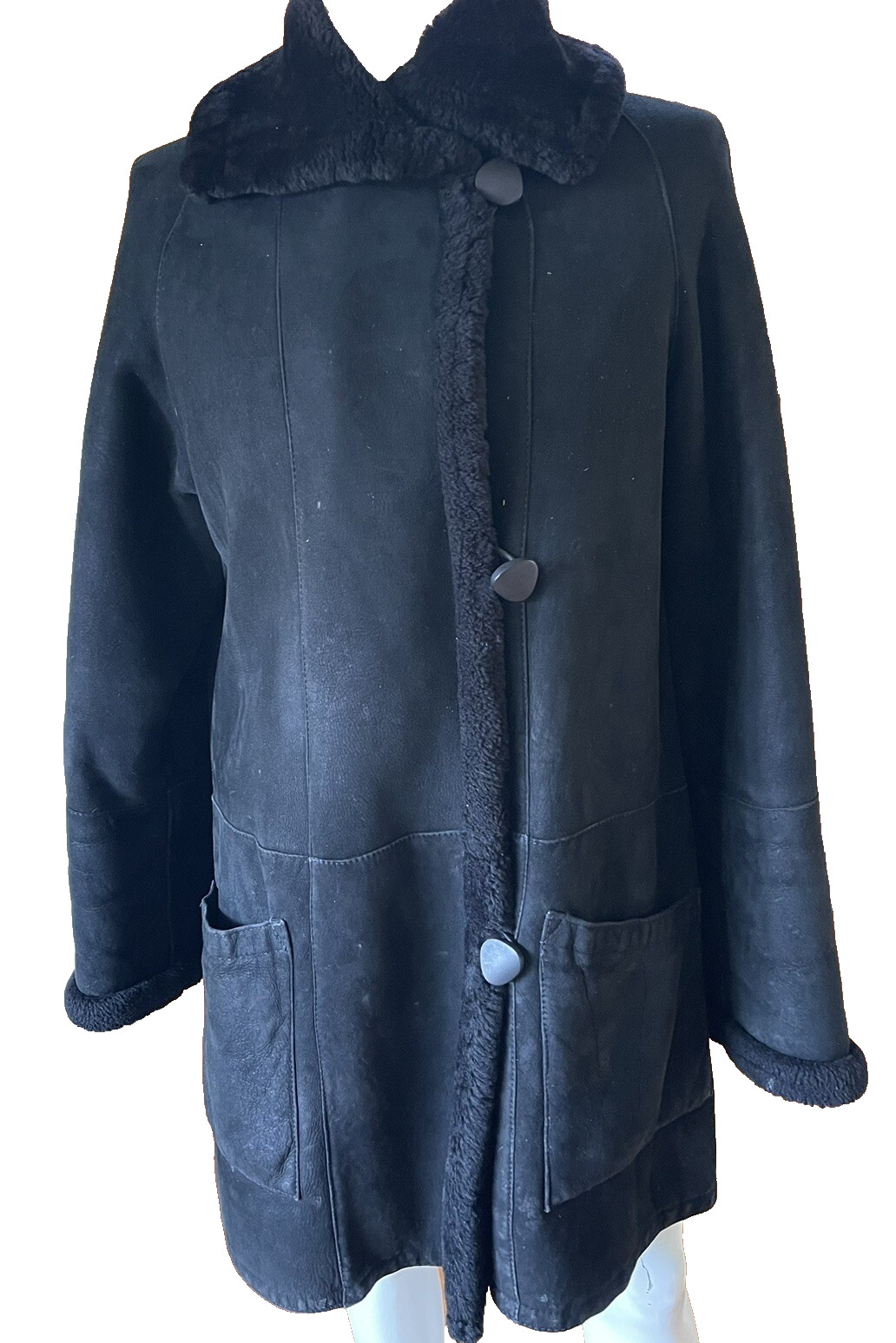 VTG Marshall Field’s XL (XXL) Black Dyed genuine Shearling Lamb Coat Spain Swing