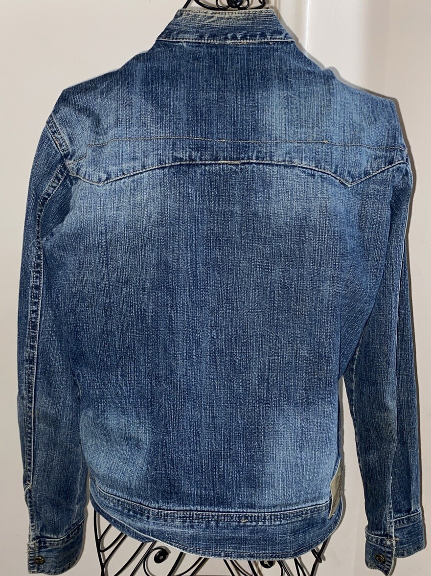 VTG Outlaw Women British Urban Hardwear Distressed Patch Y2K Jean Jacket XL-READ