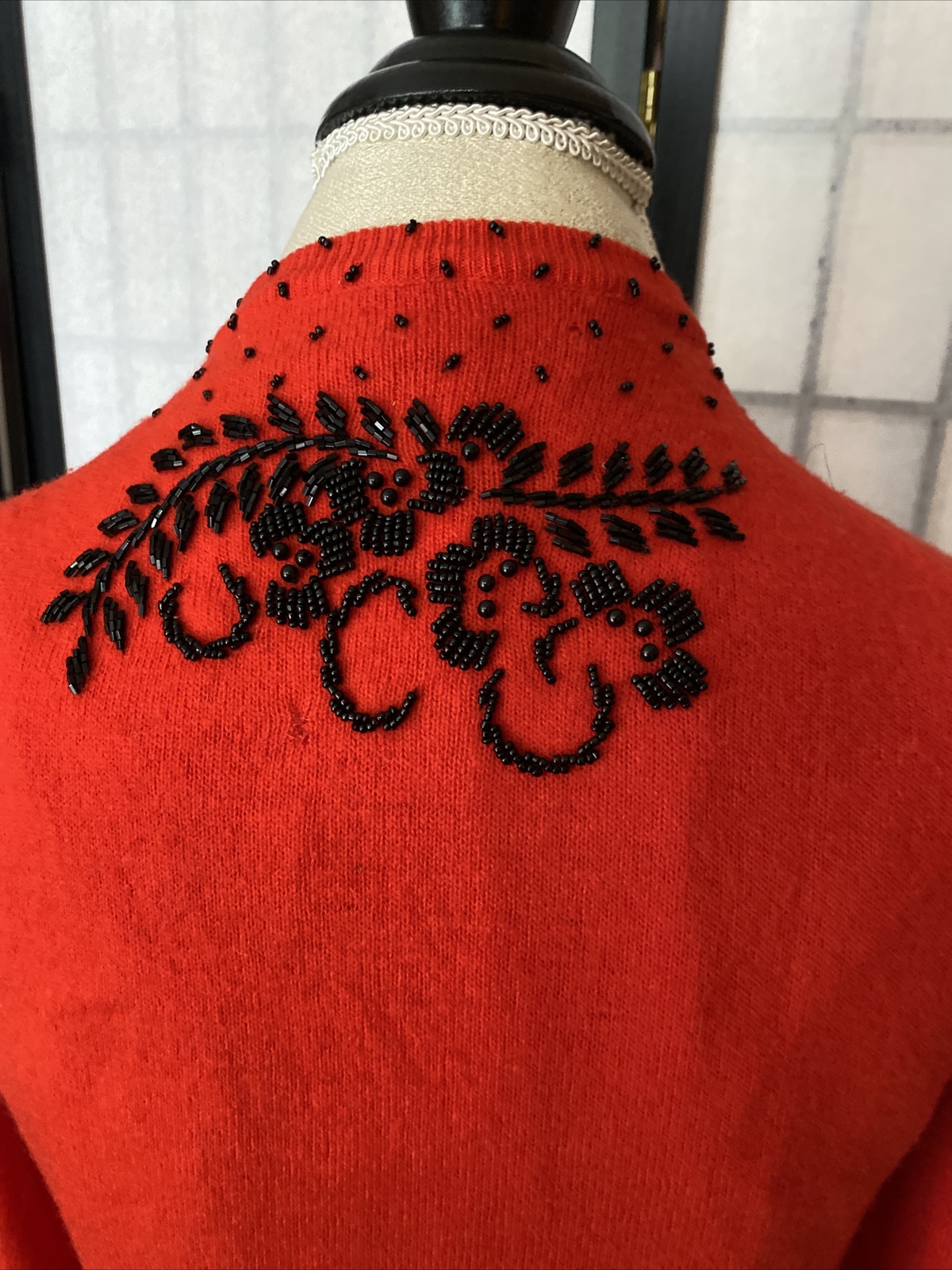 Vintage 40/50’s Stunning Red Blk Beaded Embellish Sweater 38=M/L (36” Bust)