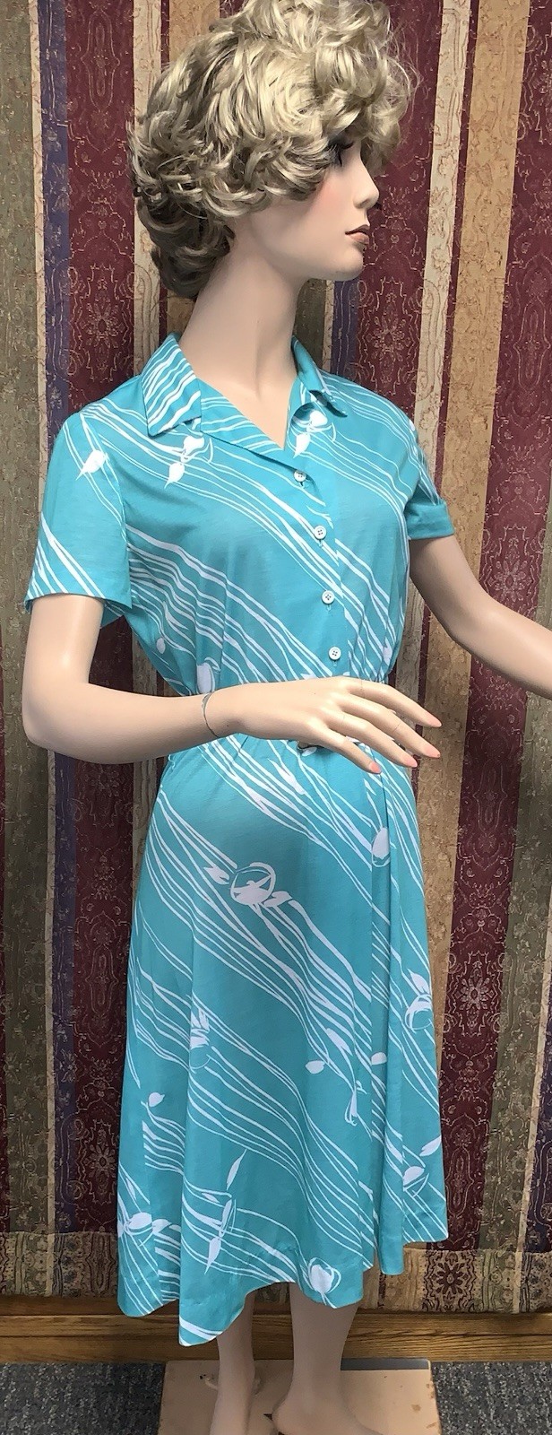 A7 VTG 80s R&K ORIGINALS TROPICAL FLORAL AQUA/WHITE SHIRT DRESS 7/8 ROCKABILLY