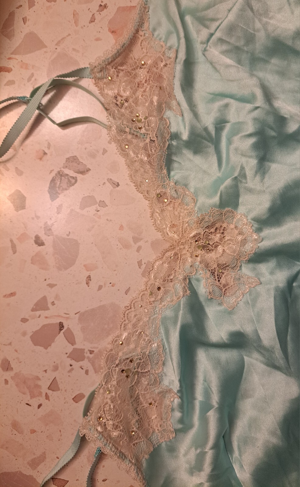Vtg Victoria’s Secret Satin Chemise Gown Large Aqua Blue Lace Rhinestones 2013