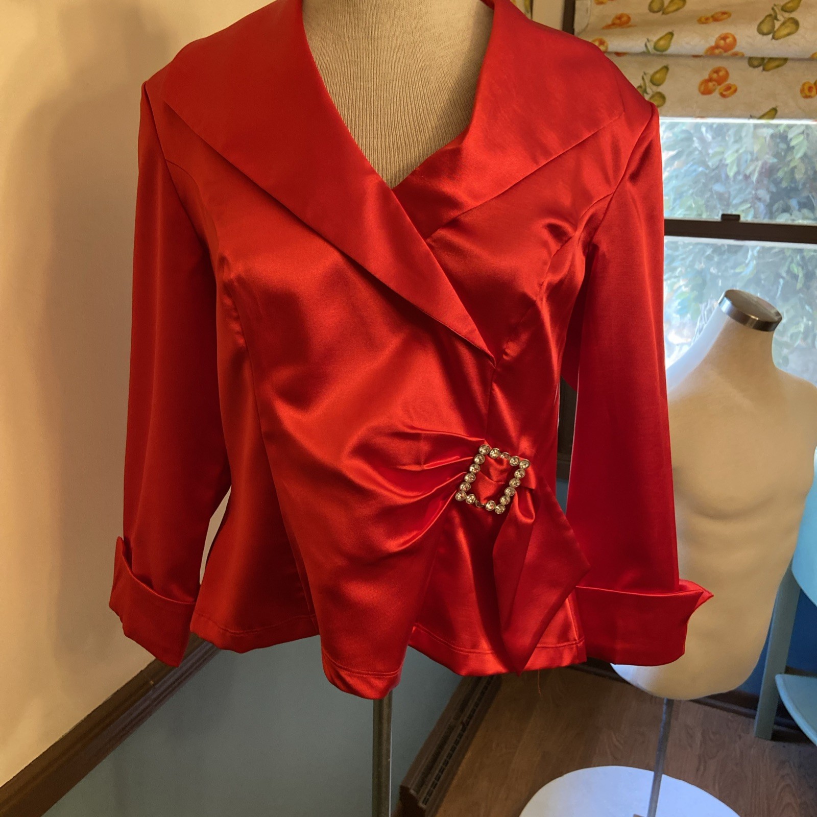 JR Nites By Caliendo Vintage 90s Holiday Red Satin Blazer Jacket With Bow Sz 12