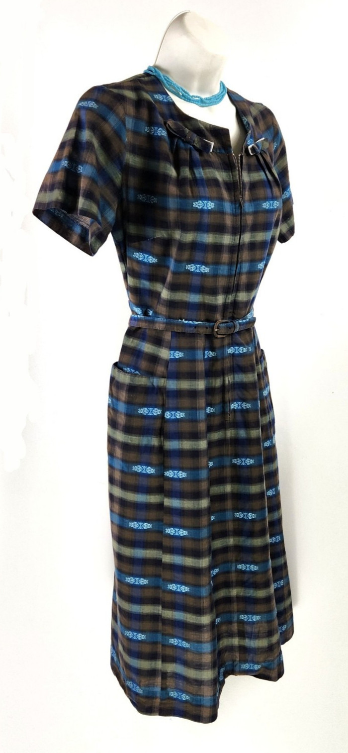Vtg 1940s Cotton striped embroidery Day Shirt Dress Zip front pockets Belt W30″M
