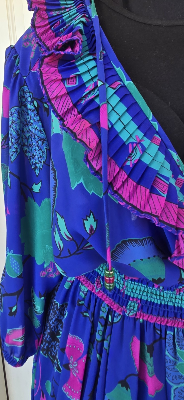 1980s ASSORTI FOR SUSAN FREIS Floral Ruffled Smocked Waist Full Sweep Dress Sz M