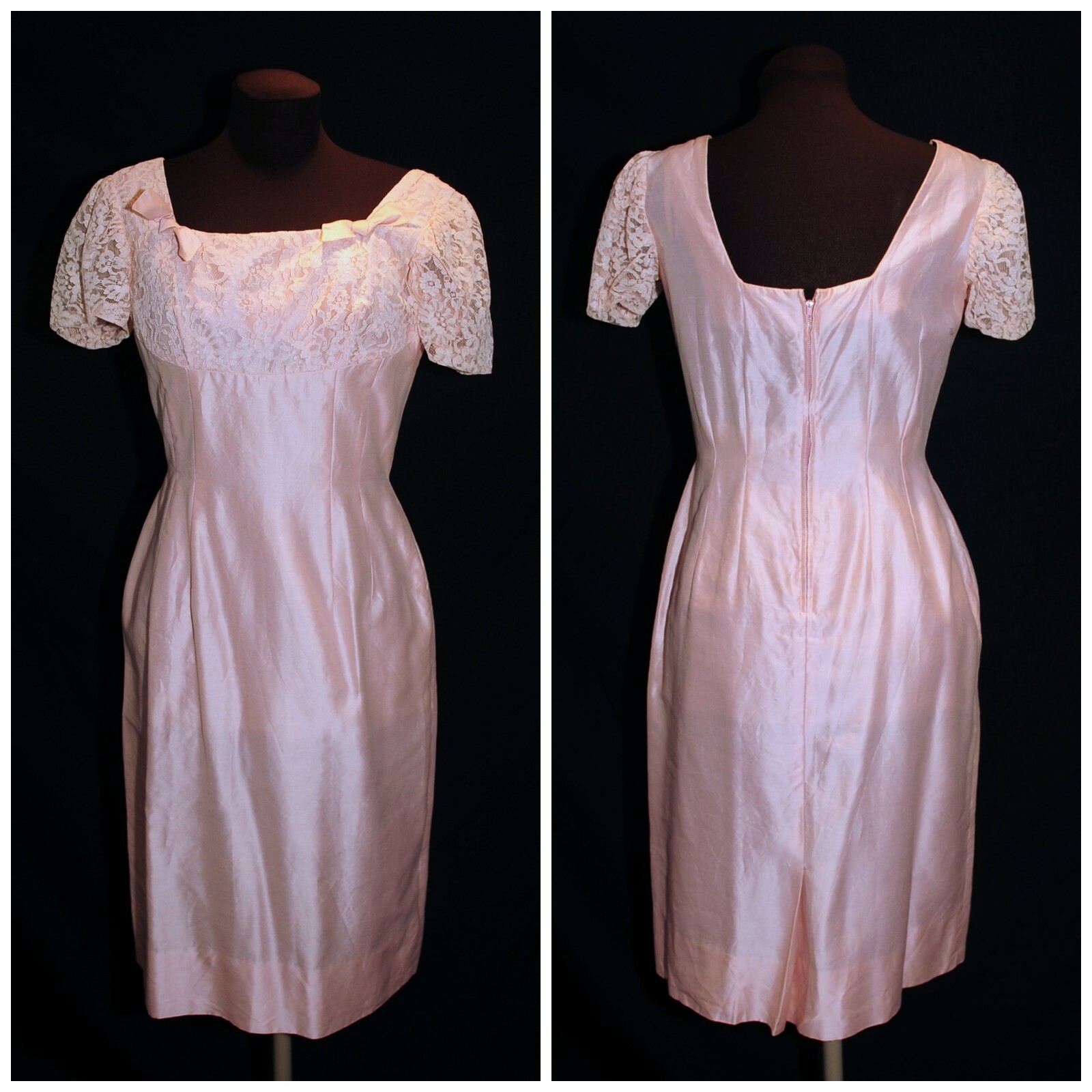 Vintage 1960’s Pink Polished Cotton & Lace Sheath Cocktail Hourglass Dress S/M