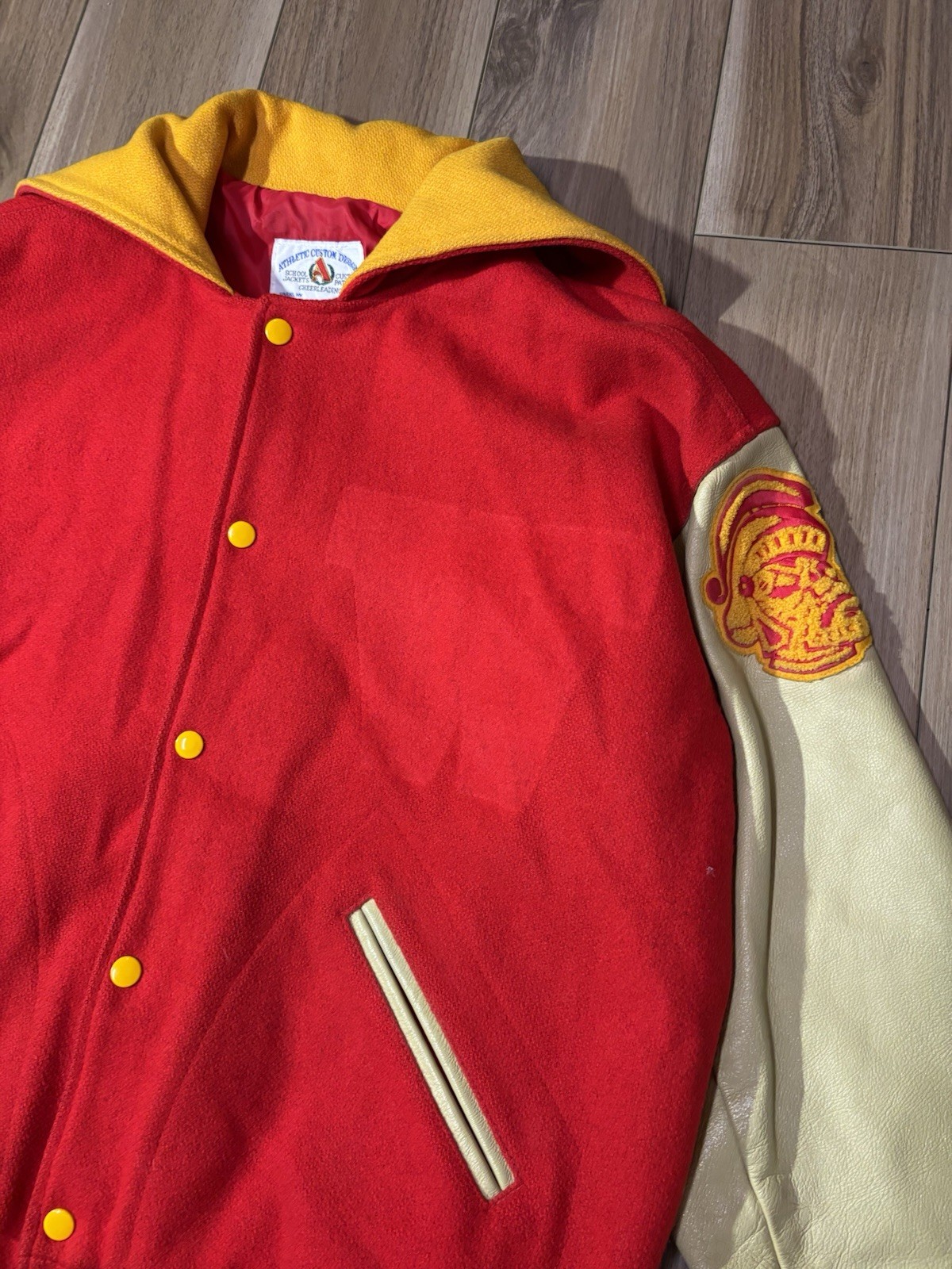 Vintage Letterman Jacket Red Yellow Trojan Woman’s Size L/XL Sailor Collar