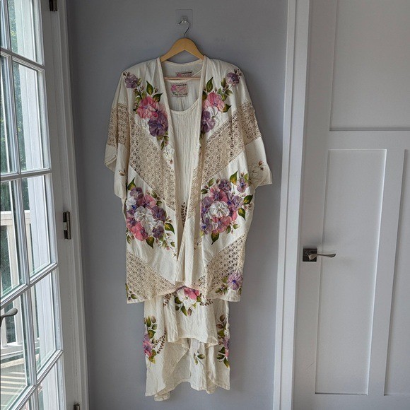 Vintage 2 Piece Ana Rosa Handpainted Floral Gauzy Maxi Dress Jacket One Size