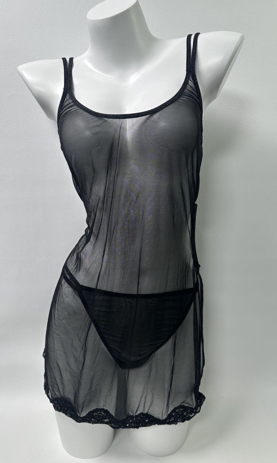 Vintage Y2K Victoria’s Secret Black Mesh Sparkle Babydoll Thong Set Size L 2004